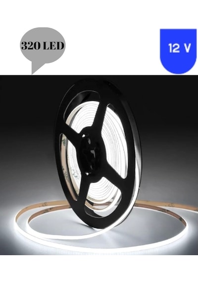 12 Volt 8 Mm 320 Ledli Esnek Cob Şerit 6500 K Beyaz İç Mekan 5 Metre