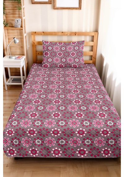 Pembe Çiçekli Geometrik Tek Kişilik Pike Takımı - Gri Nostaljik 160x220 Cm Kapitone Yatak Örtüsü Buharlı Sazlık Yankısı