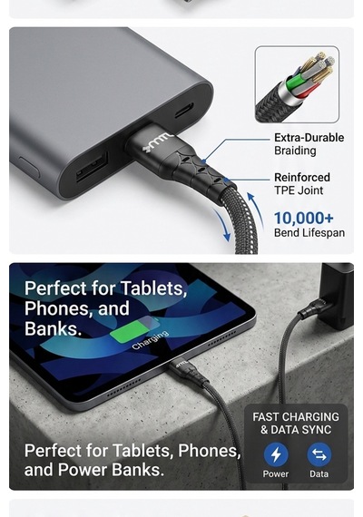 3.4a Usb To Type-c Hızlı Şarj Ve Data Kablosu Hasır Flat 1 Metre Siyah Mt2322