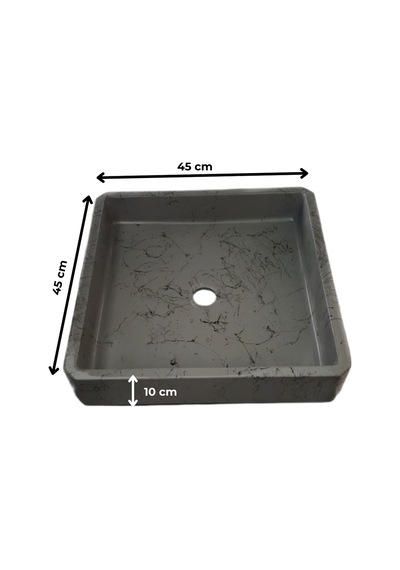 Mermer Desenli Tezgah Üstü Kare Model Taş Lavabo 45 X 45 Cm Gri