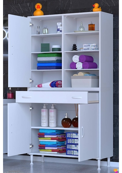 Afra 100 Cm 3 Kapaklı 10 Raflı Ve 2 Gözlü Çekmece Çok Amaçlı Banyo Dolabı Beyaz