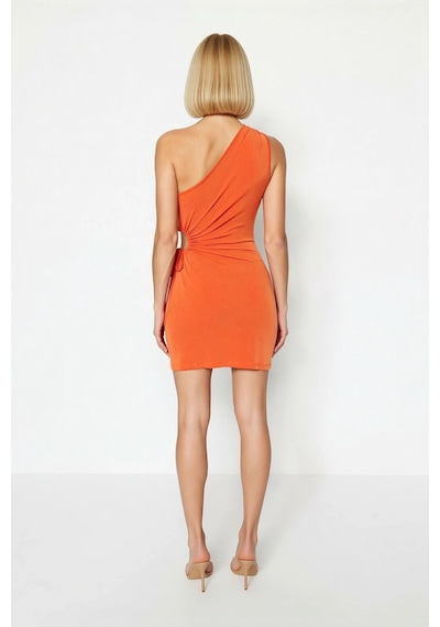 Benerly Kadın Asimetrik Yaka Tek Omuz Bodycon Mini Abiye Elbisesi Bel Det Turuncu