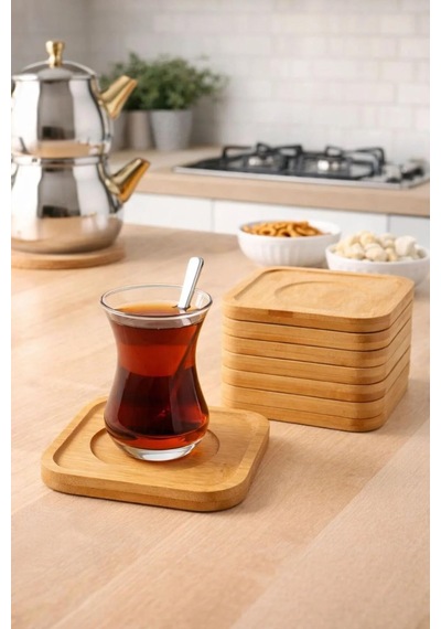 Bambu 6 Adet Kare Çay Bardağı Tabağı