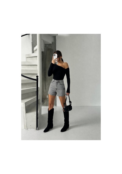 Bluemarlin Gri Kar Yan Kılçık İşlemli Kısa/mini Denim/kot Şort Gri Kar