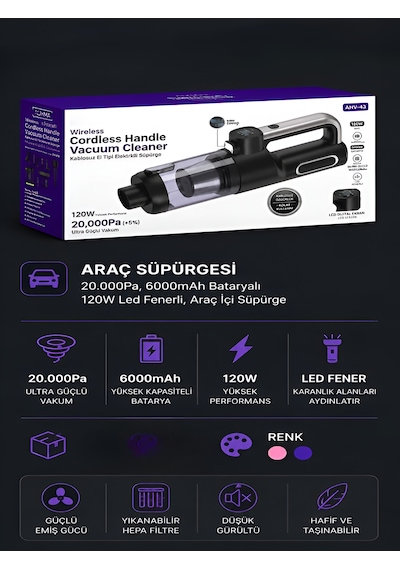 20000pa Şarjlı Araç İçi Süpürge 6000mah 120w Led Fenerli Kablosuz El Süpürgesi Dikey Vacuum Siyah