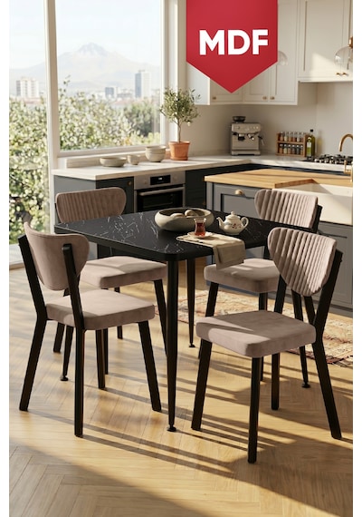 Estro Serisi Mdf Sabit 90x90 Siyah Mermer Desen Mutfak Masası Takımı 4 Adet Sandalye Siyah Mermer - Cappucino Estro Serisi Mdf Sabit 90x90 Siyah Mermer Desen Mutfak Masası Takımı 4 Adet Sandalye Siyah Mermer - Cappucino