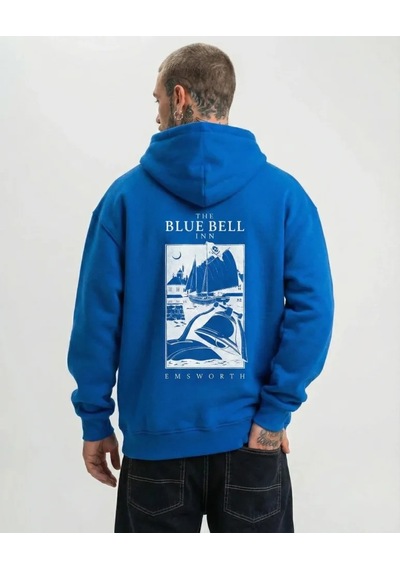 Efnaz Style Erkek Kapüşonlu Double Oversize Üç İplik Pamuklu Deniz Yelken Baskılı Kanguru - Saks Mavisi Saksmavisi