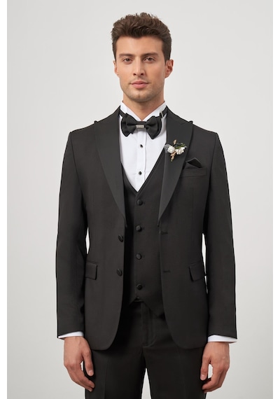 İmza Siyah Yelekli 6 Drop Slim Fit Ceremony Takım Elbise 1001240205 Siyah