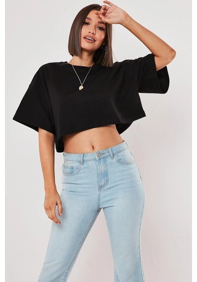 Startmore Beyaz %100 Pamuk Bisiklet Yaka Oversize Crop T-shirt Siyah