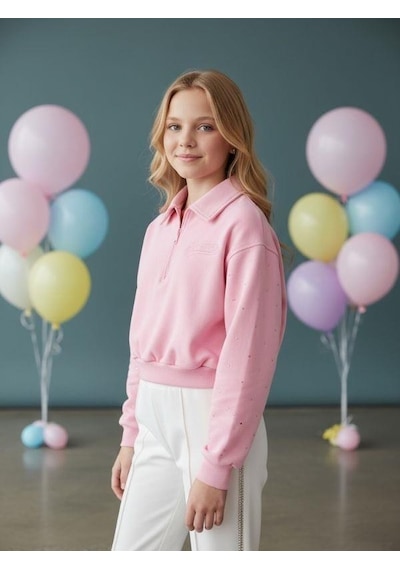 Kız Çocuk Yakası Fermuarlı Kolları Taş İşlemeli Tasarım Sweatshirt-16531 Pembe