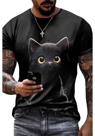 Efnaz Style Erkek Bisiklet Yaka Kedi Baskılı Süprem T-shirt Siyah