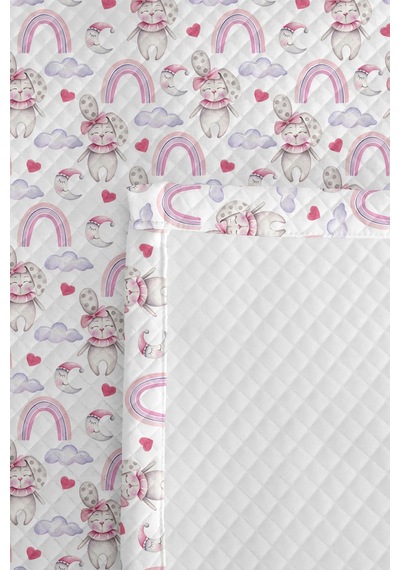 Evimde Bambaşka Pembe Gökkuşağı Tavşan Kız Çocuk Pike Takımı-lila Bulut Kalp Bebek Odası Yatak Örtüsü-160x220  CM