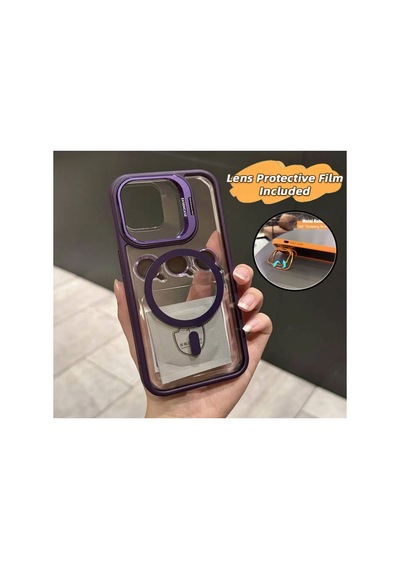 Apple iPhone Uyumlu 15 Pro Max Kılıf Magsafe Krom Mika Kapak Renkli Silikon +lens Koruyucu Cam Set Kamera Standlı Renk014