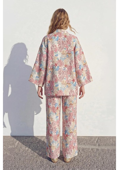 Çiçek Desenli Kısa Kimono Pembe Altın - Siyah