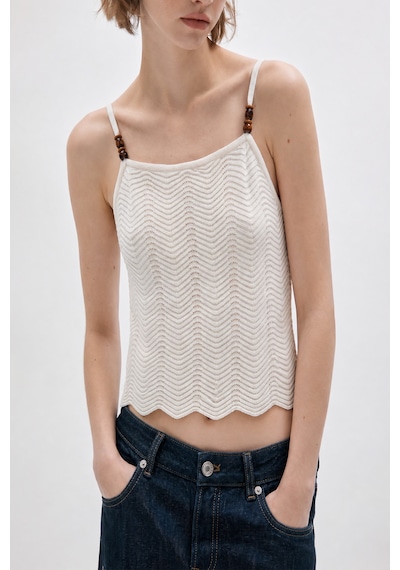 Halter Yaka Boncuk Detaylı Askılı Triko Top Ekru