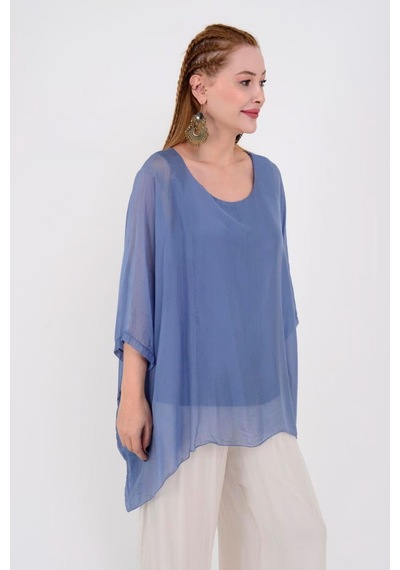 Bohem Stil İtalyan Yarasa Kol İpek Bluz-8869 İndigo Mavi