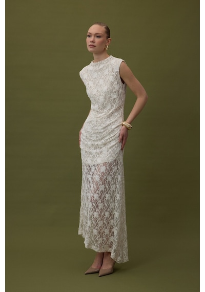 Sateen Dantel Kolsuz Elbise - Bej-137061 Bej