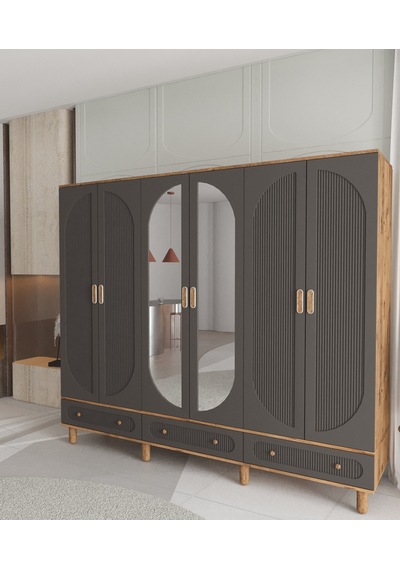 Soho 6 Kapaklı Çekmeceli Gardırop - Tamamı Mdf Antrasit