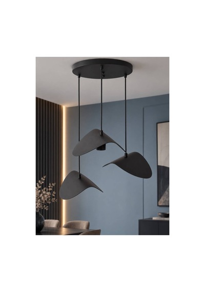 Velaris Siyah Metal 3'lü Sarkıt Avize Minimalist Modern Salon Aydınlatması - Yaprak Tasarımlı Modern Salon Ve Mutfak Aydınlatması