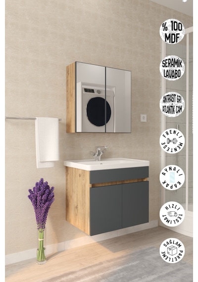 Makbulce Tokyo 65cm Seramik Lavabolu Mdf Aynalı Banyo Dolabı Atlantik Çam - Antrasit Gri Makbulce Tokyo 65cm Seramik Lavabolu Mdf Aynalı Banyo Dolabı Atlantik Çam - Antrasit Gri
