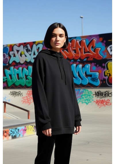 Benerly Kadın Kapüşonlu Düşük Kol Uzun Sweatshirt Fonksiyonel Dayanıklı K siyah