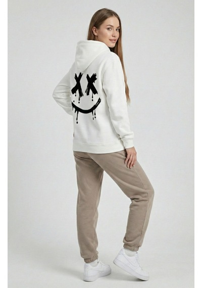 Nevermind Unisex Smile Baskılı Sevgili Kombini Oversize Hoodie Seti Siyah - Beyaz