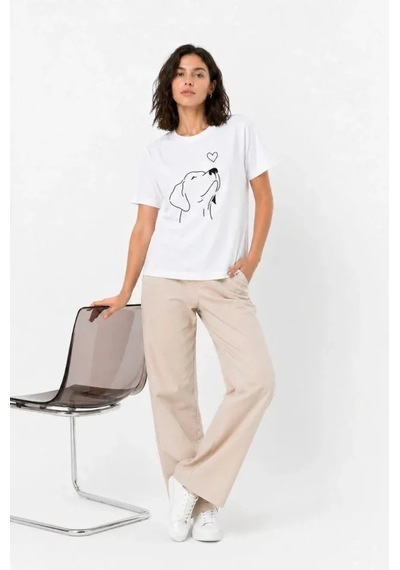 Efnaz Style Köpek Figürlü Minimal Baskılı Tişört Kısa Kol Yazlık T-shirt - Beyaz