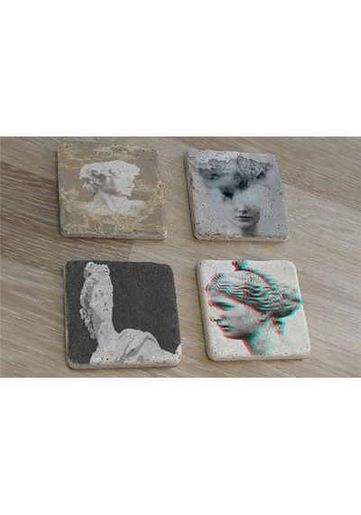 Glitch Heykel Manipülasyonlar Doğal Taş Bardak Altlığı 4'lü Set - Natural Stone Coasters - Taş Çok Renkli