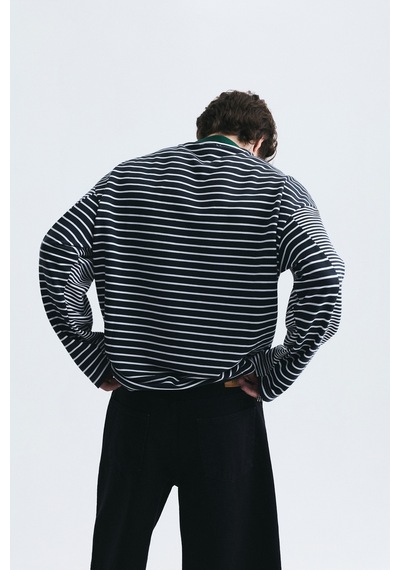 Vamos Kontrast Yaka Çizgili Sweatshirt Ekru-füme