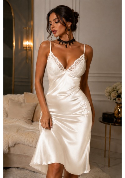 İnmera Ekru Dantel Detaylı Saten Gecelik Ekru - 900610338 Ekru