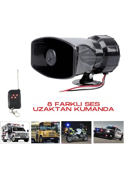 Her Araca Uyumlu Üniversal Uzaktan Kumandalı Siren 8 Farklı Siren Sesi Korna Güçlü Polis Sireni 12v 100w 00