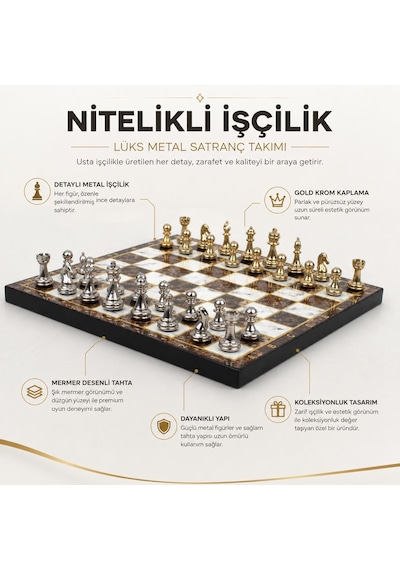 Lüks Metal Satranç Takımı Krom Figürlü 20x20 Cm Kehribar Tahta Dekoratif Koleksiyon Hediye Seti Özel