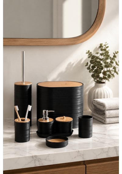 Porsima 4530 8 Parça Banyo Seti - Bambu Kapaklı Çöp Kovası, Sabunluk, Diş Fırçalığı Ve Wc Fırçası Siyah