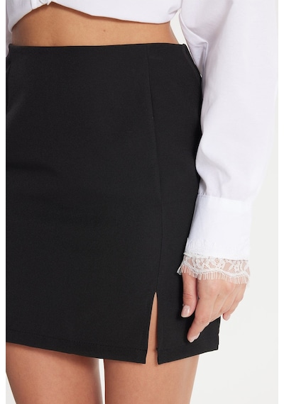 Tudors Kadın Slim Fit Dar Kesim Yırtmaç Detaylı Likralı Siyah Etek-50879