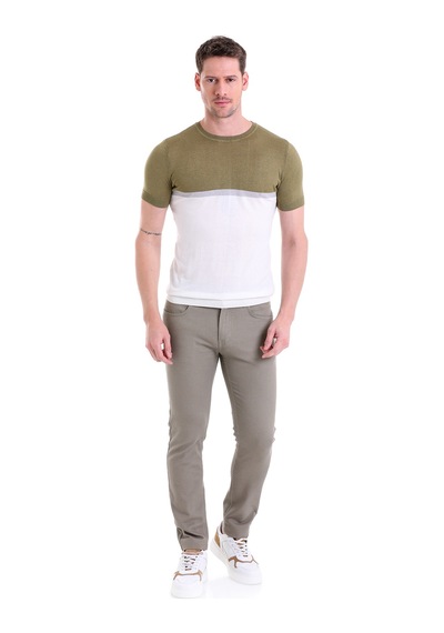 Hatemoğlu Olive Slim Fit Desenli Bisiklet Yaka Tişört Beyaz - Haki
