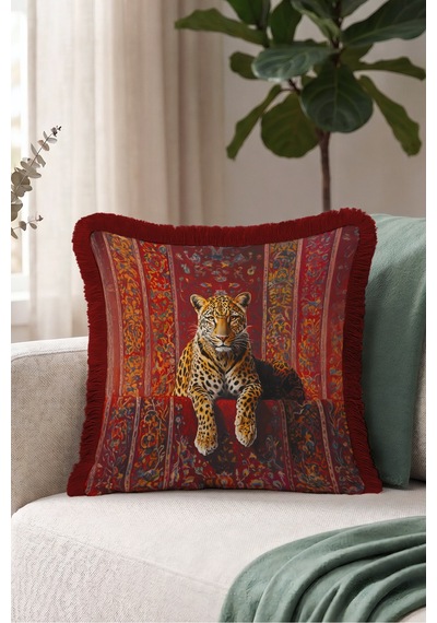 Leopar Figür Oryantal Desen Saçaklı Yastık Kılıfı-egzotik Hayvan Vizon Bordo Püsküllü Kırlent Kılıfı Uzak Rota Opal