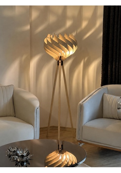Modern Ahşap Tripod Lambader Dekoratif Salon Köşe Lambası Açıkkahverengi Diğer