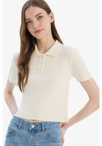 DeFacto Slim Fit Dar Kesim Polo Yaka Kısa Kollu Kazak N9752AZ25SPER103 Ekru