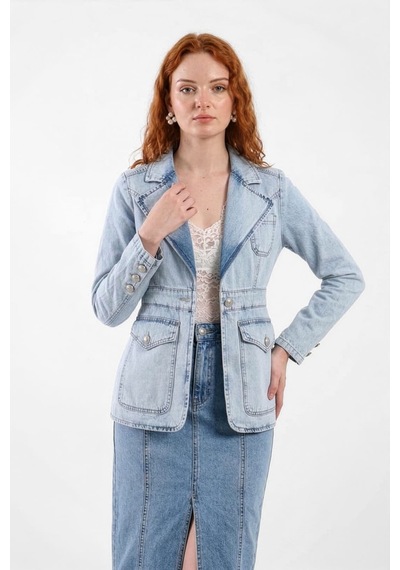Kadın Uzun Kollu Tek Düğmeli Jean Ceket Açık Mavi
