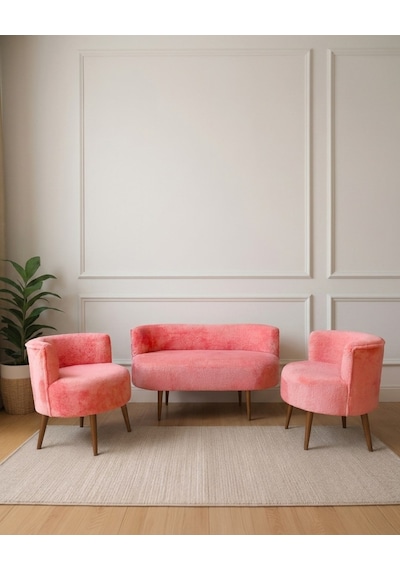 Sydney 2+1+1 Welsoft Tüylü Yumuşak Kumaş Balkon Çay Seti Koltuk Takımı - Ahşap Ayak - Gül Kurusu Pembe