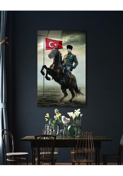 Atatürk Portre Ve Türk Bayrağı Cam Tablo Modern Ev Ofis Salon Hediyelik Büyük Tablo Duvar Dekoru