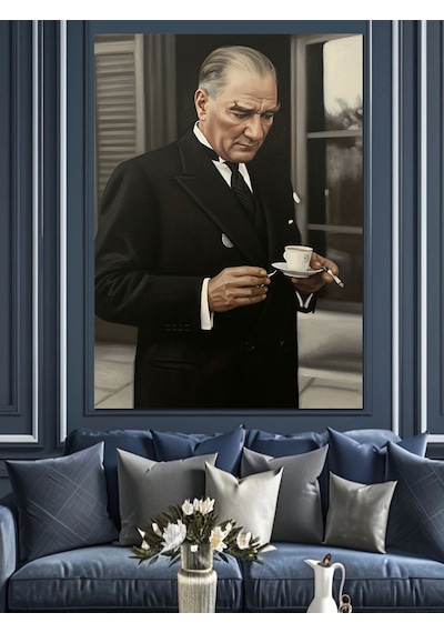 Kahve İçen Atatürk Fotoğrafı Dekoratif Kanvas - Mdf Ahşap Tablo