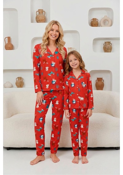 Anne Kız Kombin Penye Boydan Düğmeli Pijama Takımı Anne- Kız Ayrı Satılmaktadır. Kırmızı