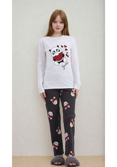 Burcumay Kadın Panda Desenli Kalpli Uzun Kollu Pijama Takımı Çok Renkli