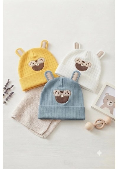 Organik Pamuklu, Yumuşak Dokulu, Ribanalı Köstebek Model 3 Lü Set Unisex Bebek Şapkası Mavi-sarı-beyaz