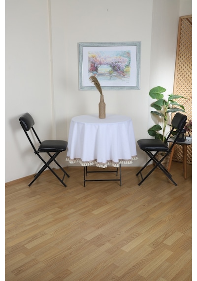 Dnc Home Tekstil  Beyaz Keten Şerit Ponponlu Yuvarlak Masa Örtüsü
