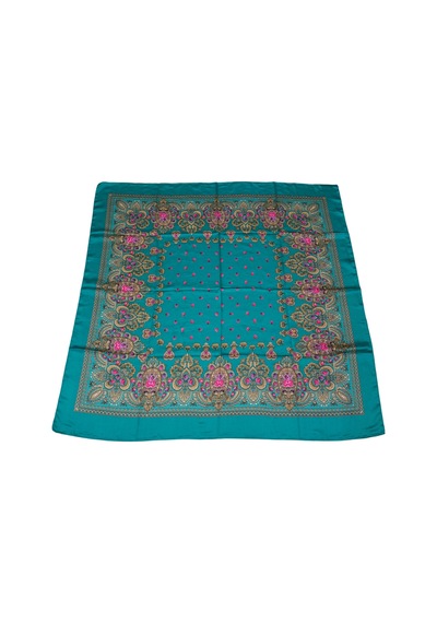 Tikitonki Etnik Çiçek Desenli Saten Yeşil Eşarp - 90x90 Yeşil Yeşil