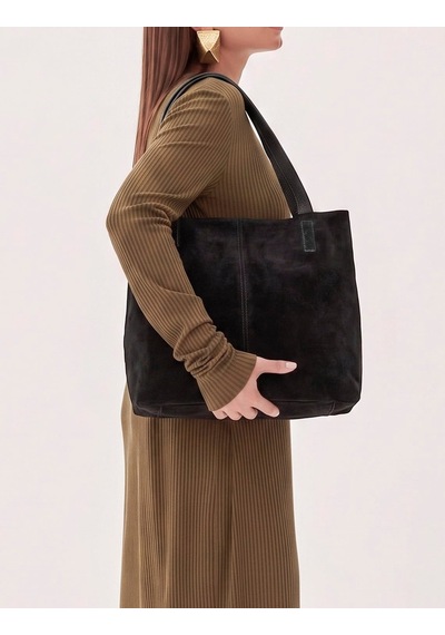 Siyah Hakiki Dana Deri Kadın Shopper Omuz Çantası
