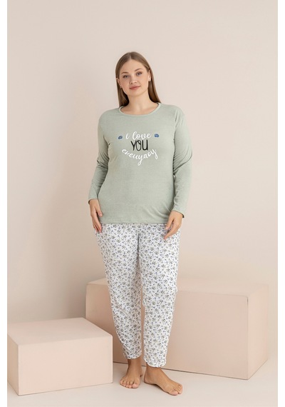 Rindahomewear Büyük Beden Süprem Uzun Kol Pijama Takımı Yeşil
