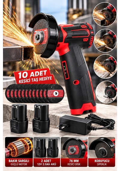 Dfl70 12v Mini Şarjlı Taşlama 2 Adet 2.0ah Li-ıon Akü 76 Mm Kesici Disk 10 Adet Taş Hediyeli Beyaz - Çok Renkli
